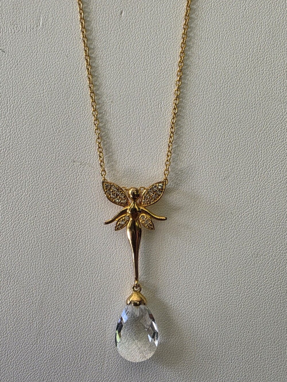 Sterling Silver 18k Gold Plated Fairy Pendant with Teardrop Quartz Crystal